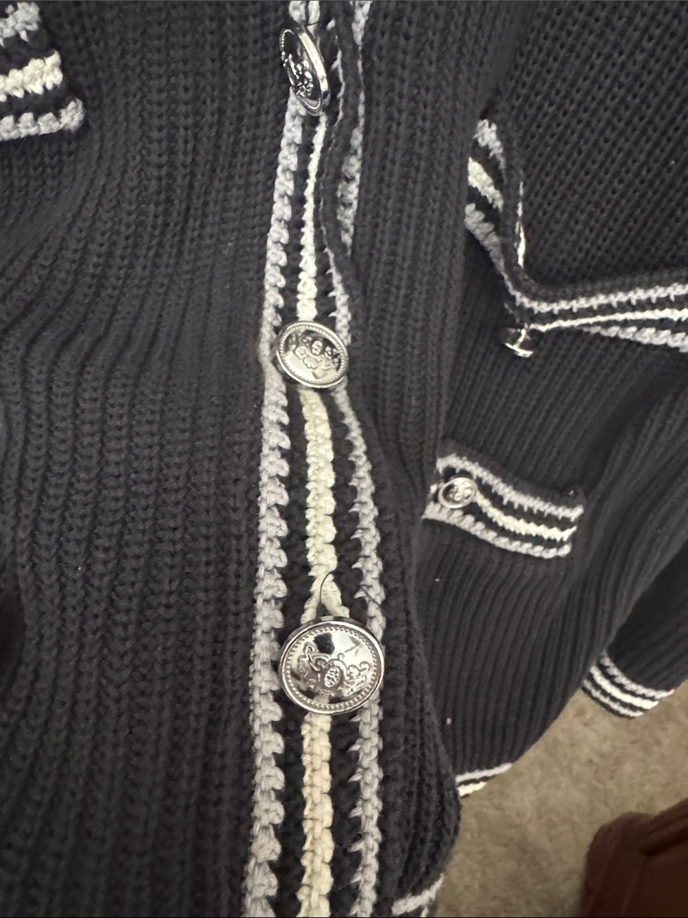 Talbots Black V‑Neck Knit Cardigan with White Trim - Picture 2 of 3